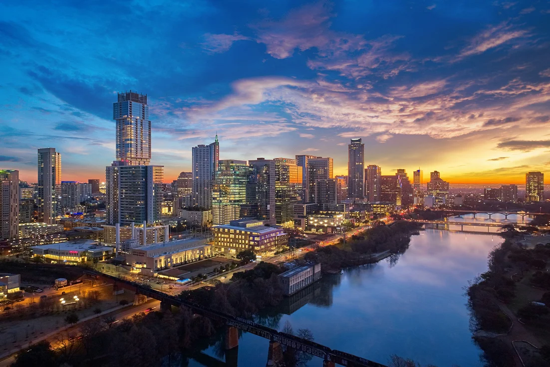 The Austin skyline at sunset