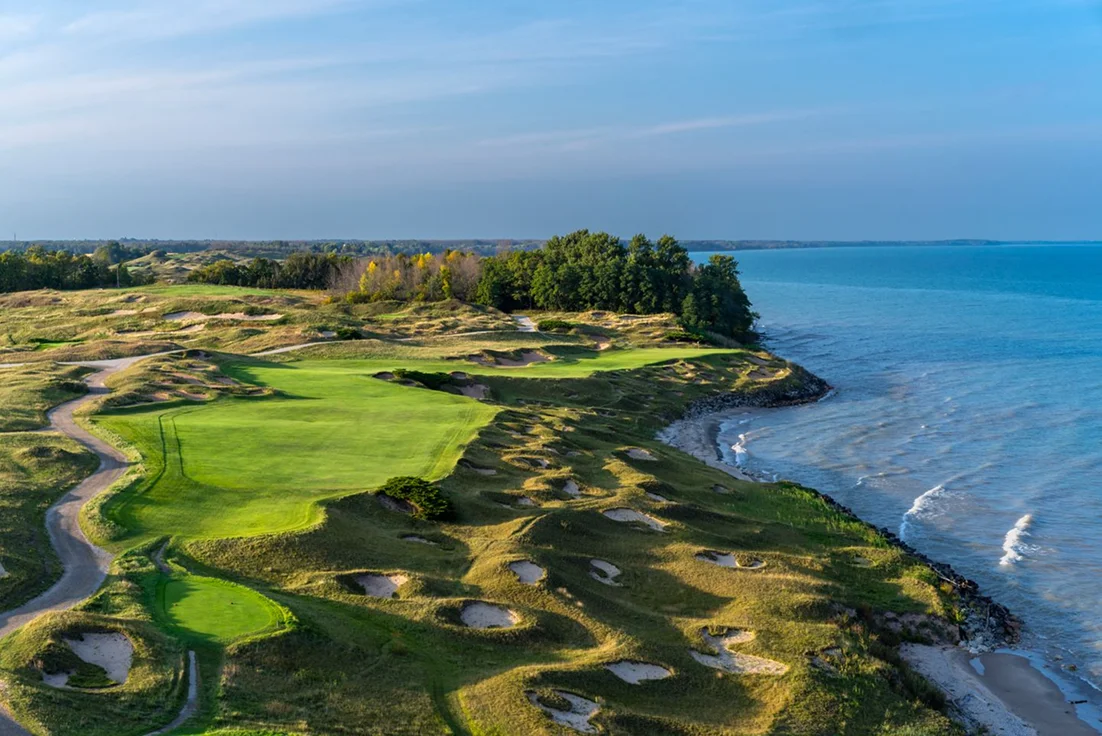 Green golf course on the coast of whistling straits